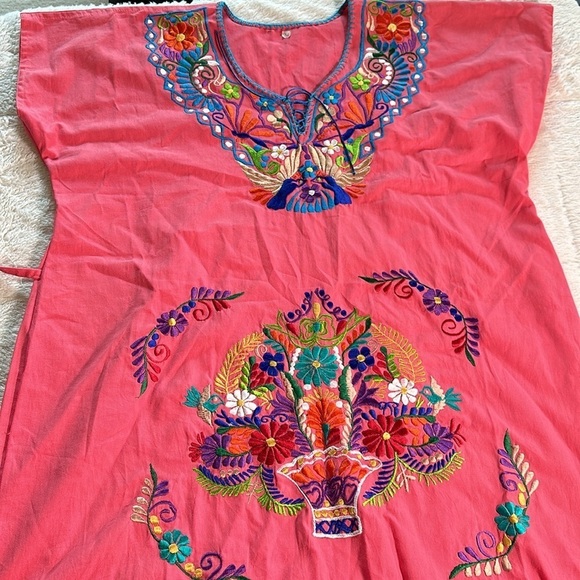 Mexican Embroidered Coral Floral Caftan Shift Oaxacan Peasant Boho Dress XL NWOT - Picture 16 of 16